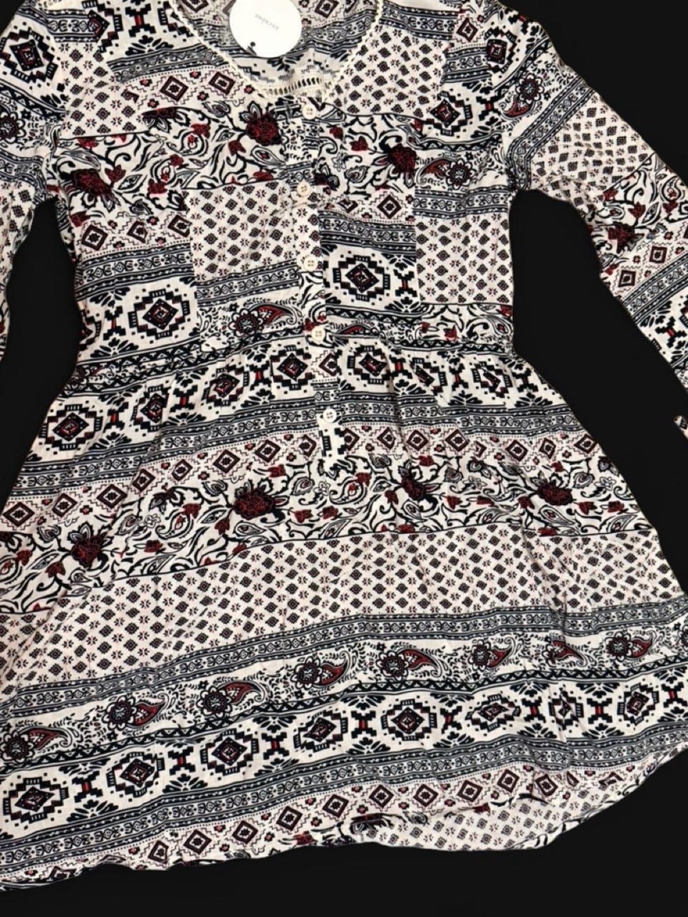 En Creme Long Sleeve Boho Print Dress in White, Black, and Red